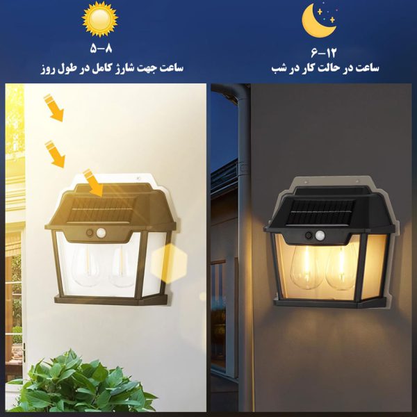 لامپ دیواری خورشیدی دو شاخه با سنسور حرکتی برای روشنایی فضای باز