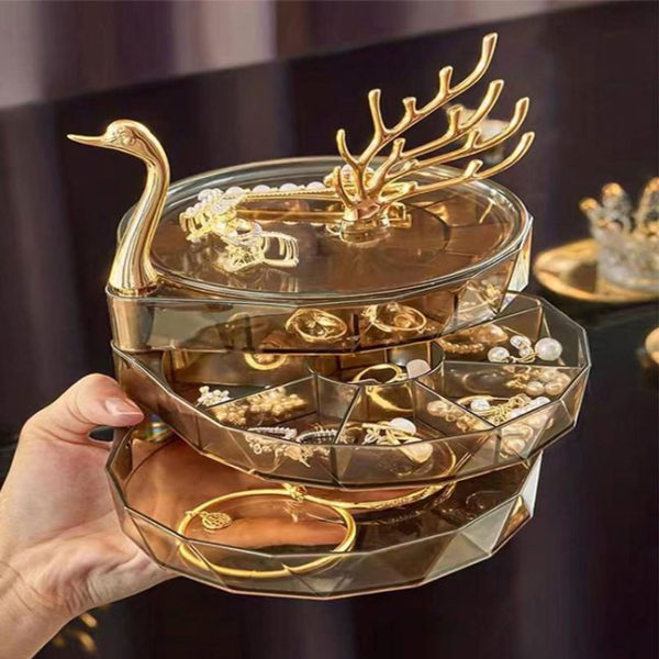 جعبه جواهرات چرخان سه طبقه با طراحی به شکل قو، مناسب برای نگهداری انواع زیورآلات