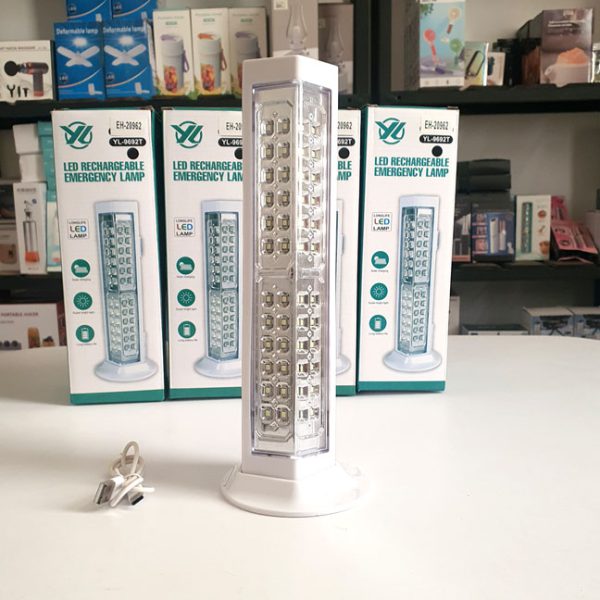 تصویر لامپ مهتابی اضطراری شارژی مدل YL-9693 دارای دو پنل نوری، شارژ با Type-C، میکرو USB، خورشیدی و باتری قلمی