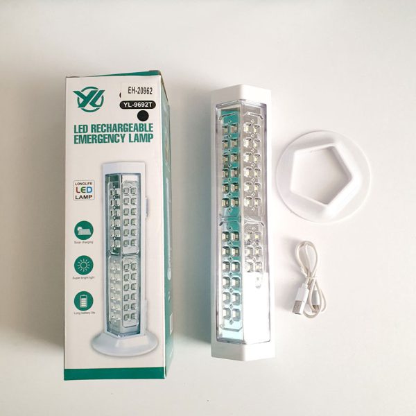 تصویر لامپ مهتابی اضطراری شارژی مدل YL-9693 دارای دو پنل نوری، شارژ با Type-C، میکرو USB، خورشیدی و باتری قلمی