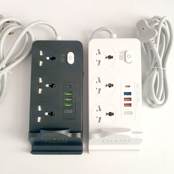 تصویر چندراهی برق و شارژر مدل T-23 دارای ۳ پریز برق، ۴ پورت USB و شارژ بی‌سیم