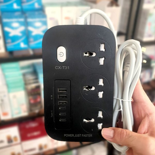 تصویر چندراهی برق CX-T31 با قابلیت شارژ سریع، ۳ پریز و ۶ پورت USB مناسب برای خانه و محل کار