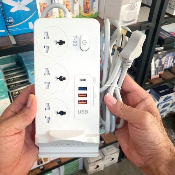 تصویر چندراهی برق و شارژر مدل T-23 دارای ۳ پریز برق، ۴ پورت USB و شارژ بی‌سیم