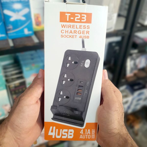 تصویر چندراهی برق و شارژر مدل T-23 دارای ۳ پریز برق، ۴ پورت USB و شارژ بی‌سیم