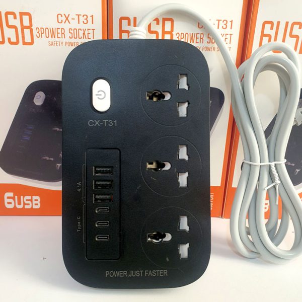 تصویر چندراهی برق CX-T31 با قابلیت شارژ سریع، ۳ پریز و ۶ پورت USB مناسب برای خانه و محل کار