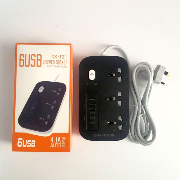 تصویر چندراهی برق CX-T31 با قابلیت شارژ سریع، ۳ پریز و ۶ پورت USB مناسب برای خانه و محل کار