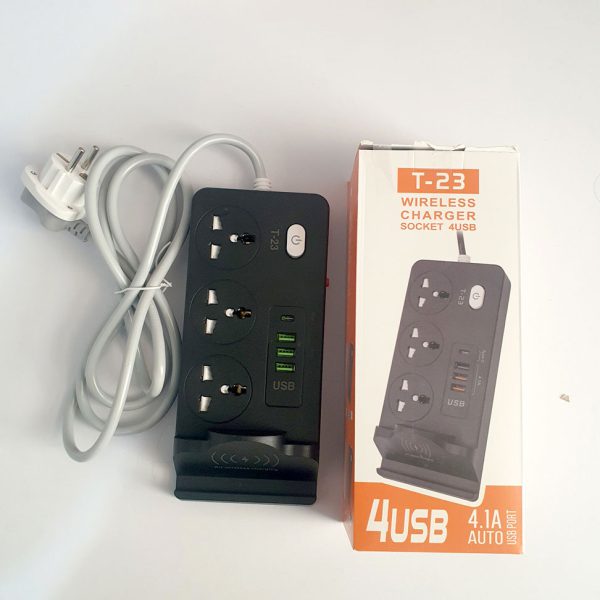 تصویر چندراهی برق و شارژر مدل T-23 دارای ۳ پریز برق، ۴ پورت USB و شارژ بی‌سیم
