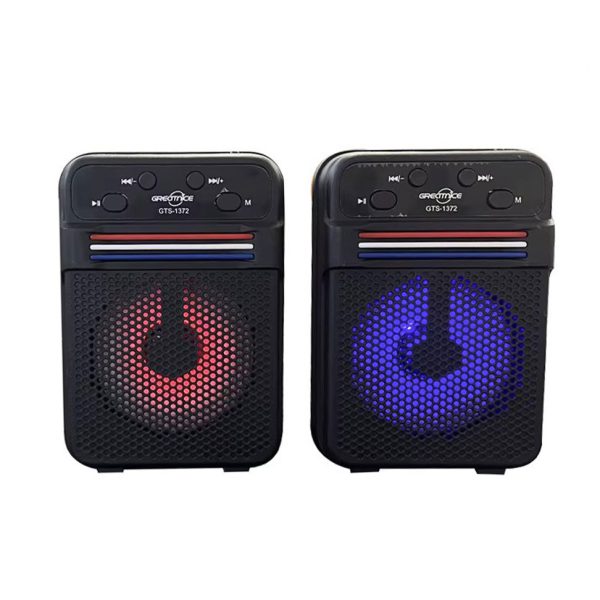 تصویر اسپیکر بلوتوث قابل حمل گرید نایس مدل GTS-1372 با طراحی مشکی و نورهای رنگی RGB
