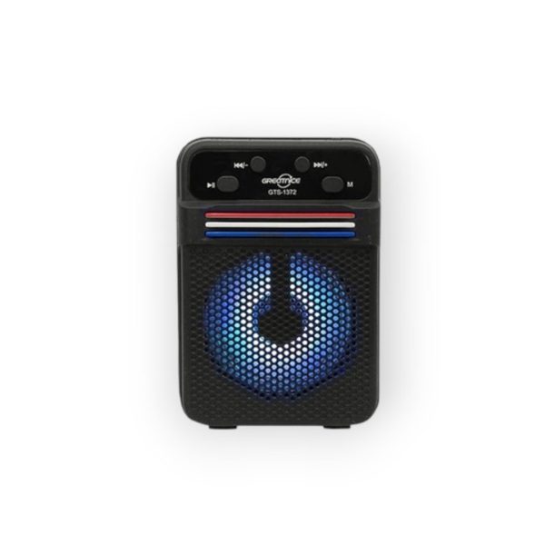 تصویر اسپیکر بلوتوث قابل حمل گرید نایس مدل GTS-1372 با طراحی مشکی و نورهای رنگی RGB