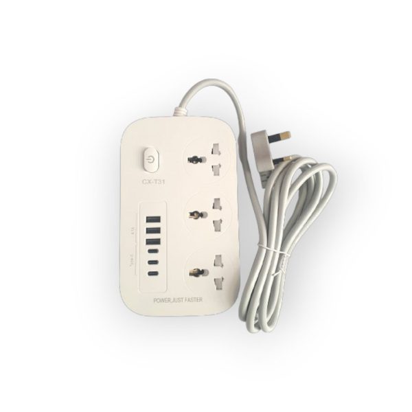 تصویر چندراهی برق CX-T31 با قابلیت شارژ سریع، ۳ پریز و ۶ پورت USB مناسب برای خانه و محل کار