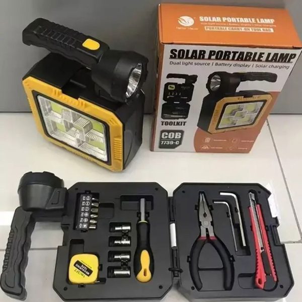 کیت ابزار چند منظوره همراه با چراغ قوه LED، پاوربانک خورشیدی و جعبه ابزار ۱۶ تکه